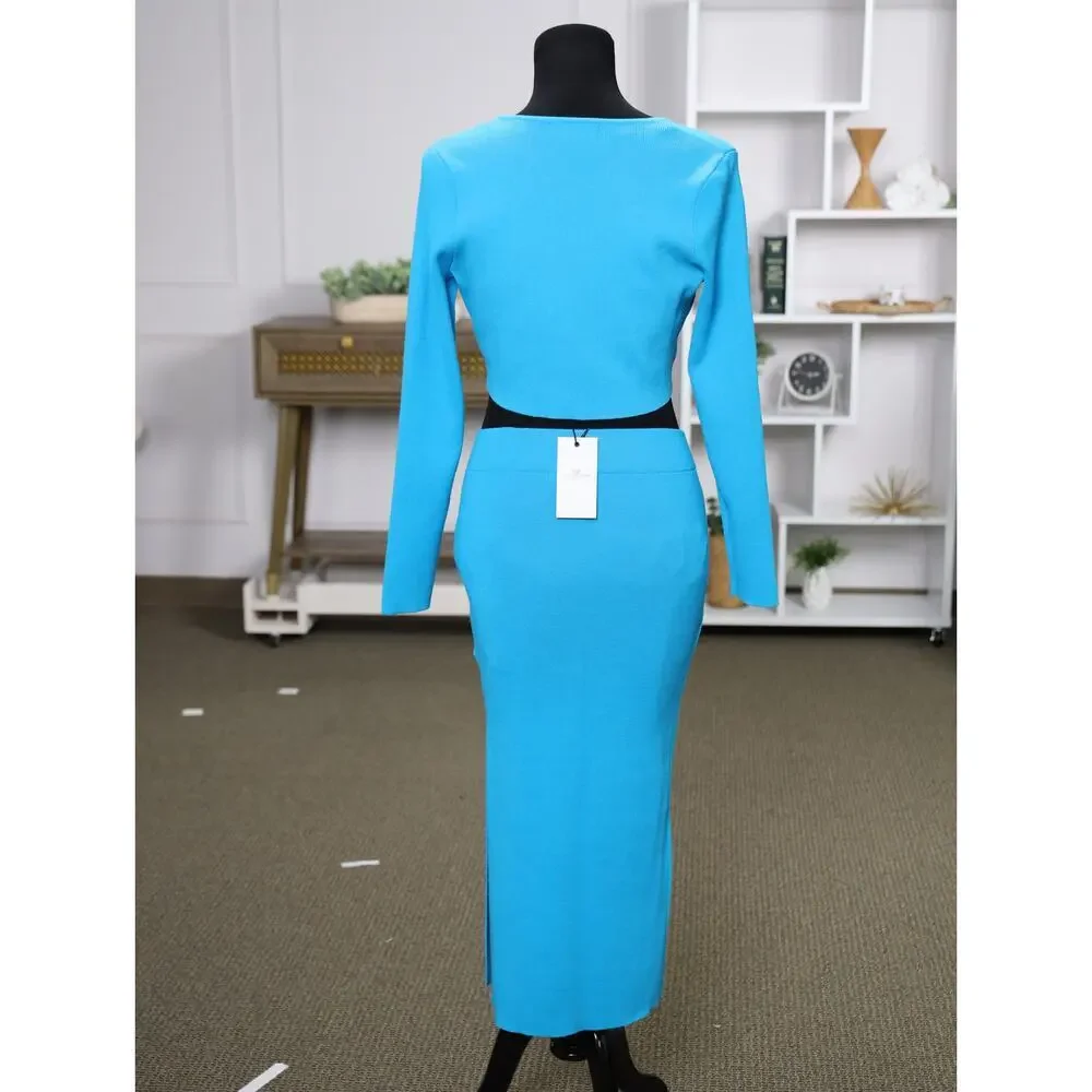 NWT Turquoise Knit Two-Piece Skirt Tie Front Cardigan Midi Skirt Resort Coastal